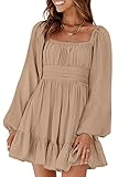 Dokotoo Women's Summer Dresses Square Neck Tie Back Off The Shoulder Dress Lantern Long Sleeve Khaki Dresses Ruffle A-Line Flowy Dress Elastic Waist Casual Party Beach Outifits Medium