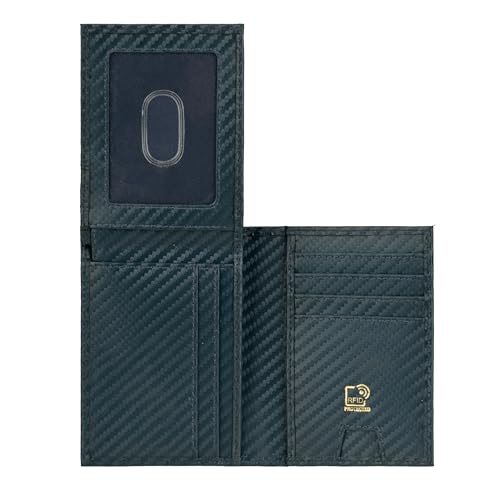 Image of Premium RFID Blocking Wallet for Men | Slim Carbon Fiber Leather with 12 Card Slots, Clear ID Window & Cash Pocket | Durable Bifold Genuine Cow Fiber Leather Wallet (Carbon Blue)
