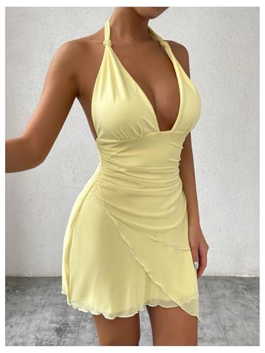 SHENHE Women's Sexy Halter Tie Mini Dress Backless Ruffle Trim Deep V Neck Lace Mesh Plunge Party Dress3