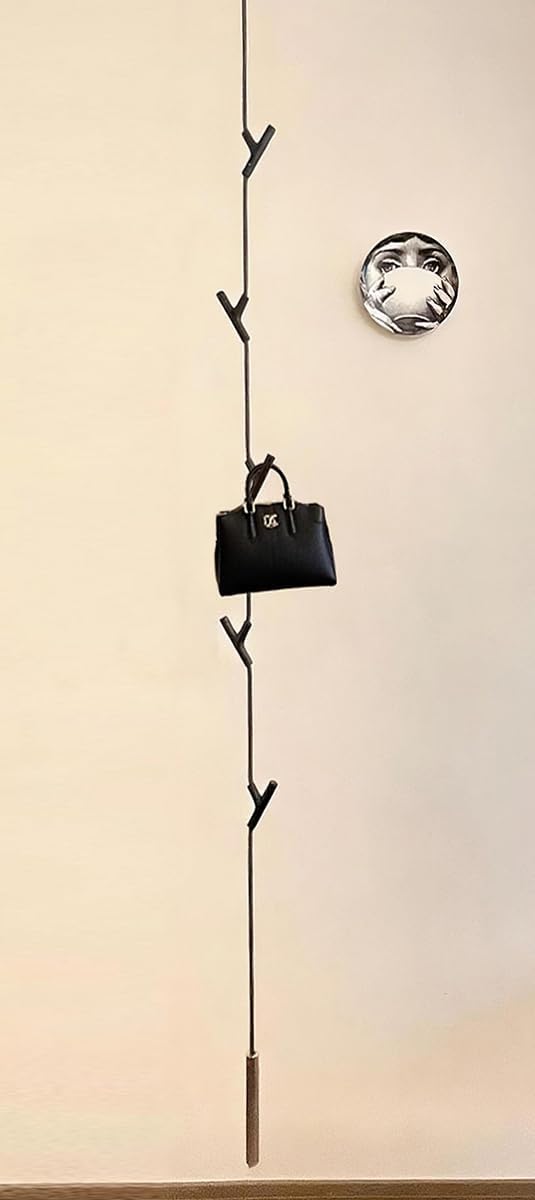 Minimalist Hanging Coat Rack, Designer-style Clothes Rack with 5 Hooks, 98-Inch Hall Coat Tree for Clothes, Hats, Handbags, Easy Assembly for Entryway, Bedroom, Clothing store, Office(New Black)