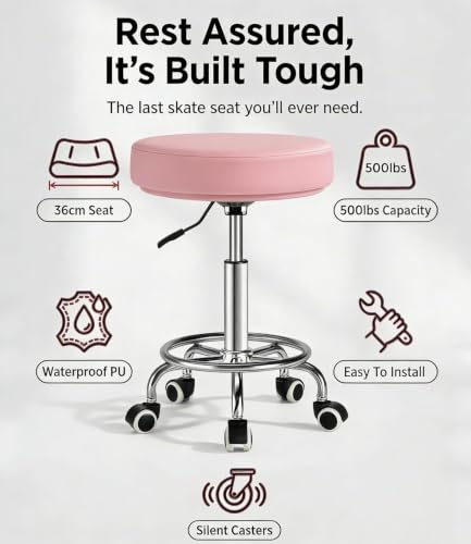 Image of Adjustable Rolling Stool with Wheels 500lb,Thick 9.5cm Cushion,30-Second Assembly,Heavy Duty Round Rolling Stool with Footrest,Patent Leather for Drafting Stool Chair Work Spa Salon Seat（Pink）