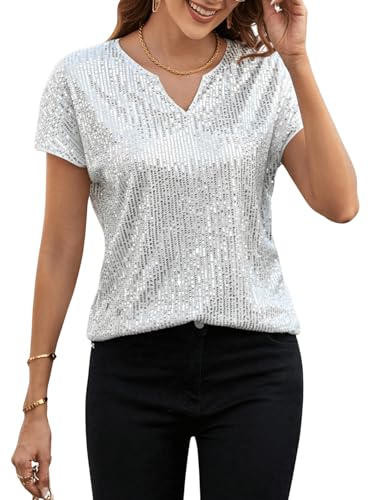 SweatyRocks Women's Full Sequin Tops Short Sleeve Glitter Party Shirt Notched Neck Sparkle Blouse