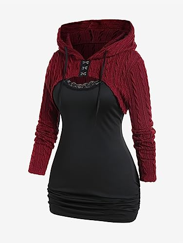Image of ROSE GAL Women Lace Trim Ruched Cami Tank Top and Hooded Hook Eye Cable Knit Cropped Shrug Sweater