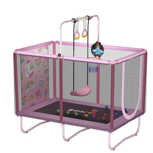 Skybound Trampoline for Kids with Enclosure Net，Indoor/Outdoor Trampoline 36×55 Inch (Pink)