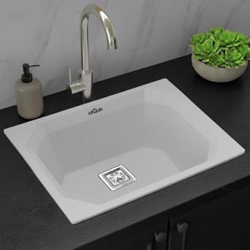 Image of ARQUIN Quartz Kitchen Sink 24x18x9 Inch Sand Pluto | Single Bowl Sink | Durable & Scratch-Resistant | Undermount /Topmount Including Coupling, Waste Pipe & Fruit Washing Basket