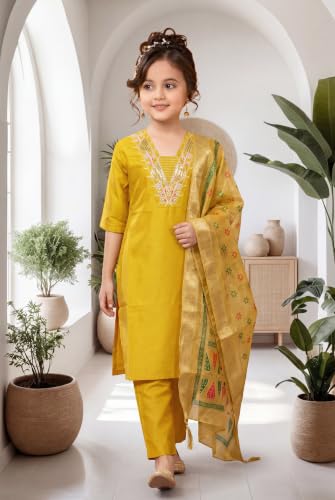 Image of Girls Cotton Blend Embroidered Kurta Pant with Printed Banarasi Style Dupatta Set | Festive Ethnic Wear for Kids | Traditional Suit Set for Girls (4-14Years)