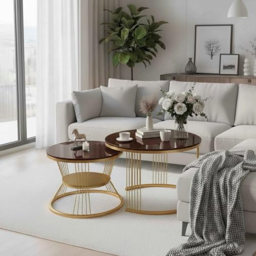 Image of Round Coffee Table Set of 2 for Living Room Wooden Top with Gold Metal Frame Modern Nesting Center Table for Sofa Area Home & Office Furniture (Golden Brown)