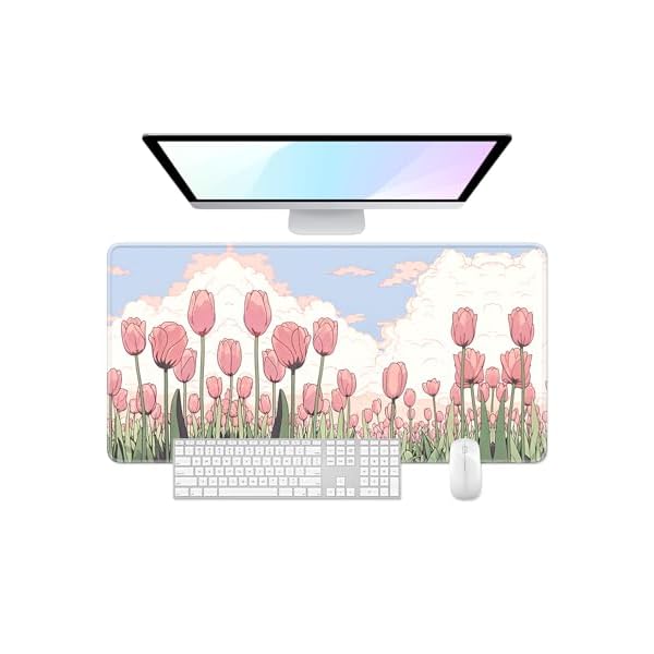 Desk Pad, Large Mouse Pad, 32" x 16" XXXL Extended Gaming Mousepad, Desktop Decor Desk Mat, Men Women Office Supplies and Accessories, Cute Anime Mouse Pad for Laptop & Keyboard, Pink Tulip