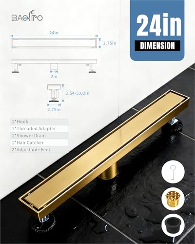 Image of 24 Inch Brushed Gold Linear Shower Drain | CUPC Certified 2-in-1 Tile Insert for Curbless Showers. 304 Steel, 15.8GPM Flow. Includes Hair Catcher & Adjustable Feet.