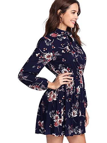 Floerns Women's Mock Neck Long Sleeve Floral Print Ruffle Short Dress Boho Navy Floral S #TOP2
