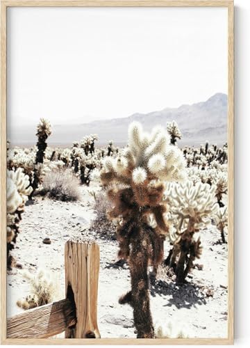 Cactus Garden Desert Wall Art Cholla Landscape Photography Southwestern Scenery 24x36 Inch Oak Wood Beige Framed Earth Tones Nature Print for Living Room
