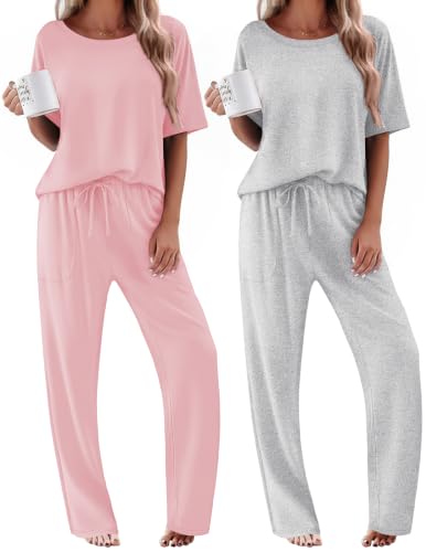 Image of Ekouaer 2 Pack Womens Pajamas Sets Short Sleeve Long Pants Pjs Lounge Set