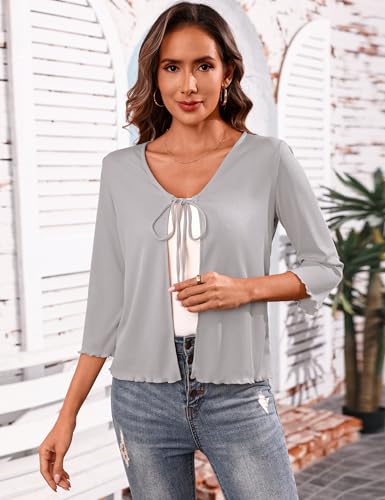 Image of Aiboria Women's Tie Front Shrug 3 /4 Sleeve Ribbed Bolero Lightweight Cropped Cardigan S-XXL