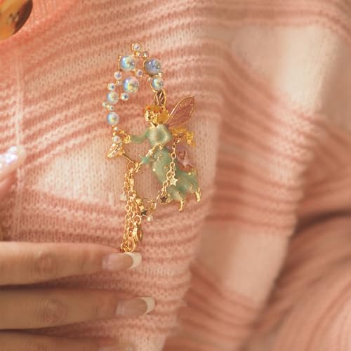 Image of Ouliget Retro Enamel Angel Brooch,Heavy Craft Medieval Bubble Fairy Crystal Badge, Fringed Corsage Pin Jewelry for Elegant Women Girl