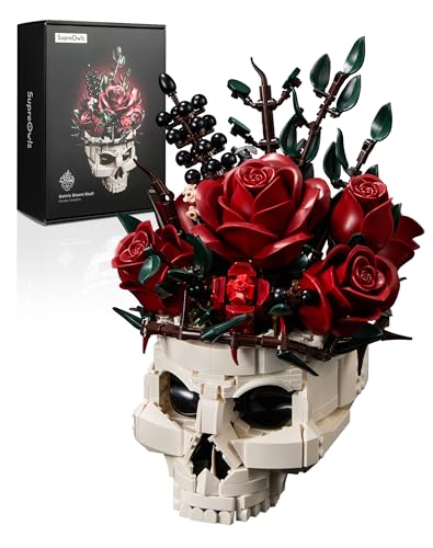 Gothic Skull Rose Flower Bouquet Building Set Horror Skeleton Botanical Brick Kit for Adults Gothic Decor with Red Roses Dark Aesthetic Skull Planter Display Unique Gift for Women & Goth Lovers