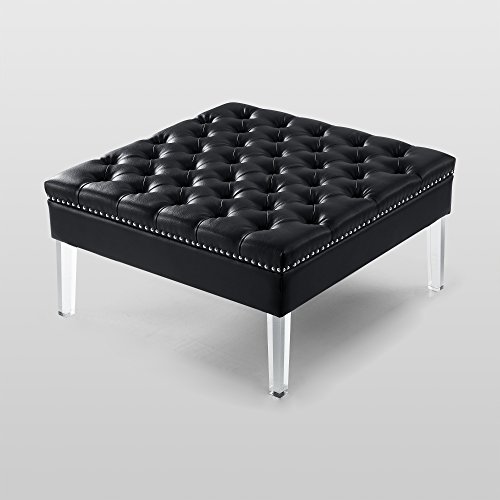 Inspired Home Coco Black Pu Leather Ottoman - Oversized | Button Tufted|Nailhead Trim|Acrylic Legs #TOP2