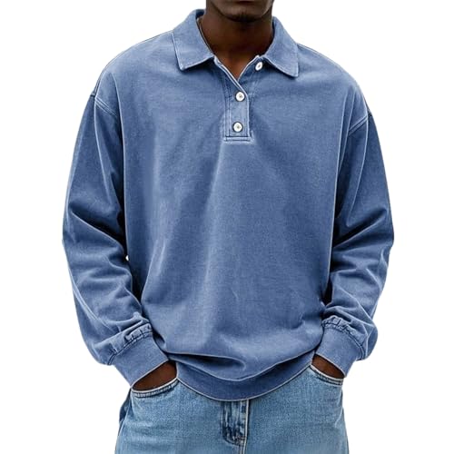 Mens Oversize Cotton Long Sleeve Polo Shirt Casual Button Up Loose Fit Denim Work Shirt Solid Collared Hiking T-Shirt