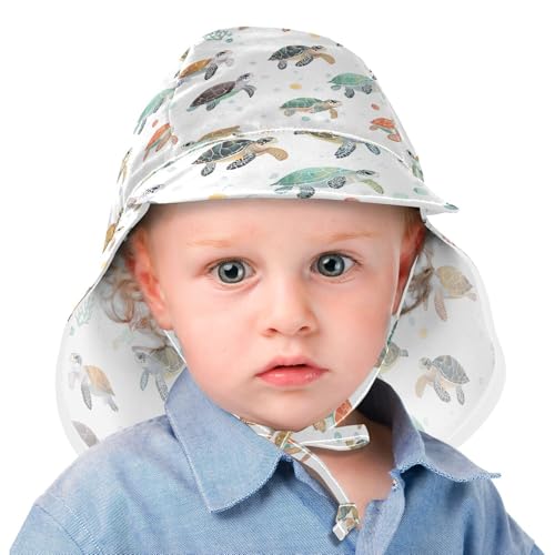 Baby Beach Hat Toddler Boy Caps Baby Girls' Sun Protection Neck Flap Traveling Swim Hat Funny Sea Turtle White2