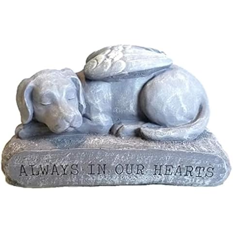 RK Collections Dog Memorial Statue/Pet Memorial Statue/Sleeping Dog Grave Marker Stone with Feathered Angel Wings for Outdoor or Indoor (Natural Stone Color Finish) Cover