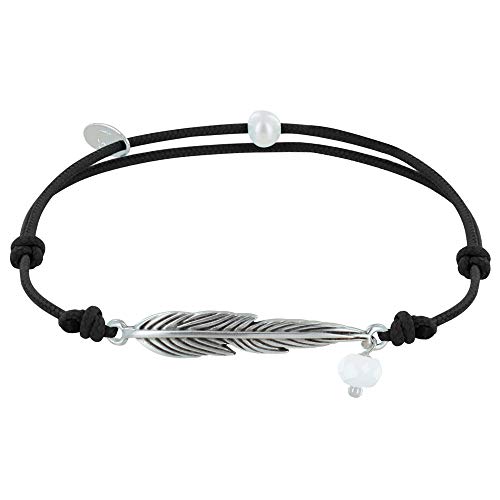 LES POULETTES BIJOUX - Bracelet Lien Plume Laiton Argenté et Perle Facettée - Noir