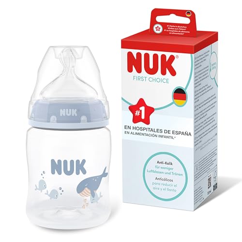 NUK First Choice Biberón | 0+ meses | 150 ml | Biberón anticólicos | PP | Indicador de control de temperatura | Ballena | 1 unidad