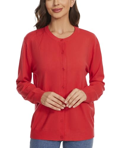 Image of Womens Cardigan Sweaters Basic Button Down Casual Dressy Classic Crewneck Long Sleeve Spring Outfits (S-2XL)