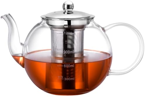 Image of Glass Teapot, Zpose 40oz /1200ml Tea Pot with Removable Stainless Steel Infuser, Clear Glass Tea Kettle with Scale Line, Stovetop Safe Teapot for Blooming Tea & Loose Leaf Tea, Gift Box for Tea Maker