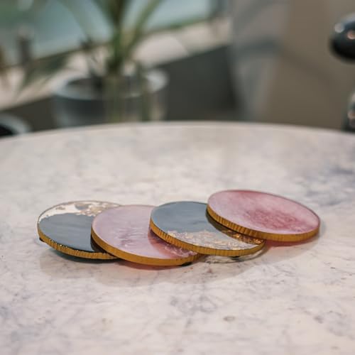 Image of Ireka Home Midnight Gold Resin Coasters (Set of 4) - Black & Gold Starry Design with Shimmering Edges and Soft Pink Accents, Perfect for Coffee Cups, Mugs & Table Decor