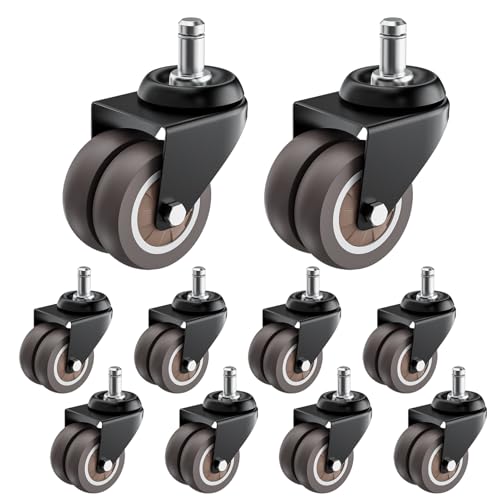 Image of 2 Inch Low Profile Office Chair Casters 650 lbs, Set of 10 (Grey) | Dual Wheel TPR Rubber, Heavy Duty Steel Bracket. Silent, Non Scratch For Hardwood. Fits 7 /16 Stem, Not For IKEA /Thick Carpet
