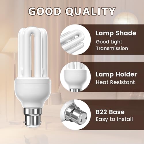 Bonlux B22 Energy Saving Bulb 11W Warm White 2700K, B22d/B22/BC Bayonet Cap, 3U CFL Low Energy Light Bulbs Bayonet, 3U BC Compact Fluorescent Stick Bulbs, AC 220V, Not Dimmable, 2-Pack - Image 5