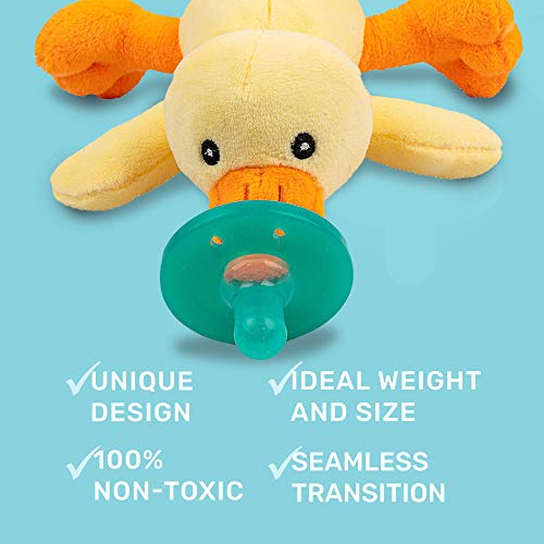 Image of Duck Stuffed Animal Detachable Pacifier Holder, Latex-Free Soother with Stuffed Toy, Calming and Easy to Clean Baby Stuff, Newborn Pacifier- BabyLuv