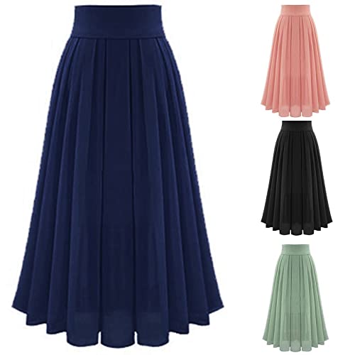 Womens Elastic High Waisted a Line Plain Midi Swing Pleated Skirts Shirring School Girl Uniform Long Skirt3