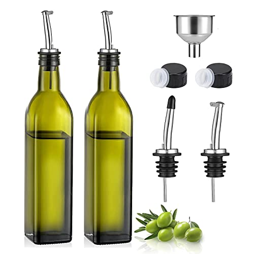 Nuscen 2x500ml olivenöl flasche,Ölflasche,essig und ölflaschen set,ölspender,9 Zubehör,mit Edelstahl Trichter/Ausgießer Staubkappen, Klappdeckel,Schraubverschlüsse,Innenkorken 12.8x10.2x2.2inch Cover