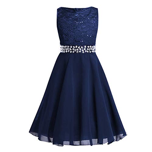 Flower Girl Lace Dress Chiffon Rhinestone Bridesmaid Wedding Party Dresses Princess Pageant Formal Prom Evening Sequin Dance Ball Gown Kids Big Girls First Communion Birthday Dresses Navy Blue 5-6Y