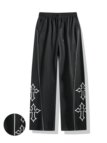 SHENHE Men's Casual Cross Print Loose Pants Straight Leg Drawstring Baggy Pant Trousers3