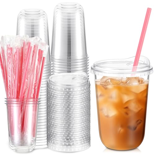 Ziliny 50 Sets 16 oz Clear Plastic Cups with Heart Shaped Pink Straws and Strawless Lids Disposable...