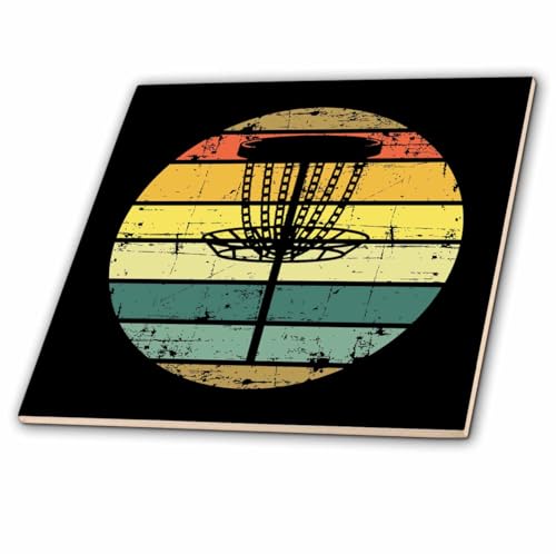 8 Inch Glass Tile - Black disc Golf Basket Over Retro Striped Circle on Black Background. Stamp City - Typography - disc Golf