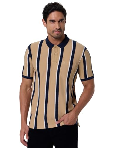 Image of Peter England Men's 100% Cotton Vertical Striped Polo T-Shirt - Casual Wear | Sleek & Comfortable