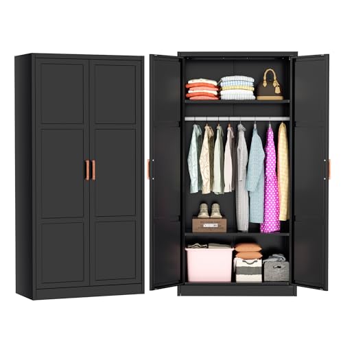 Greenvelly Metal Wardrobe Closet with Doors and Shelves,72" Black Armoire Wardrobe Closet for Hanging Clothes for Home,Bedroom,School,Employee,Gym(36" W x 18" D,Warm Style)