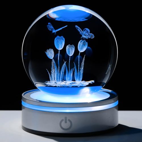 Movdyka 3D Crystal Tulip Ball with Butterflies Figurine Gifts Glass Tulips Flowers Gifts for Women Mom on Anniversary Wedding Christmas Valentines Mothers Day Home Decor Ornaments Statue Night Light