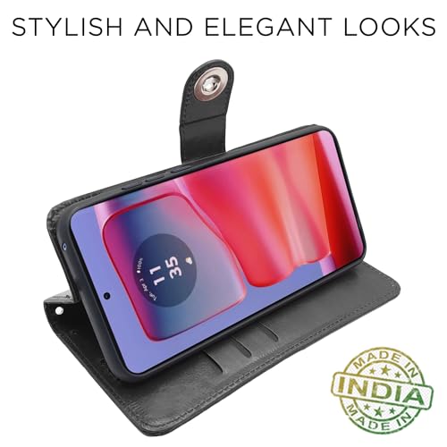 Image of Pikkme Moto Edge 50 Pro 5G Flip Cover Leather Finish | Inside TPU with Card Pockets | Wallet Stand and Shock Proof | Complete Protection Button Flip Case (Black)