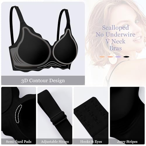 Image of Ganado Scalloped Wireless Bras for Women Seamless Jelly Bra | No Underwire, Support & Lift, Padded, Convertible Adjustable Straps, Back Smoothing, Soft Comfort Everyday Bras, T Shirt Bra