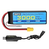 AMZZN 2S fiche XT60 Lipo Battery 7.4V 3000mAh 35C avec câble de charge USB pour voiture RC, camions, modèles de voitures, navires à télécommande, quad rotor RC, batteries de drone FPV