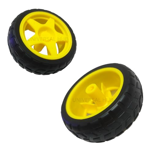 Image of (PACK OF 2) 65mm Rubber Tyre Yellow Wheel for BO Motor, Smart Car Robot & DIY Projects - High Grip DC Gear Motor Wheel for Toy Cars & Robotics