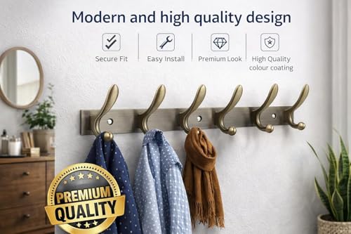 Image of Exclusive Extra Long 40 cm Antique Brass 6 Pin Metal Bathroom Cloth Hooks Hanger Door Wall Robe Hooks Rail for Hanging Keys, Clothes, Towel (3, Antique)