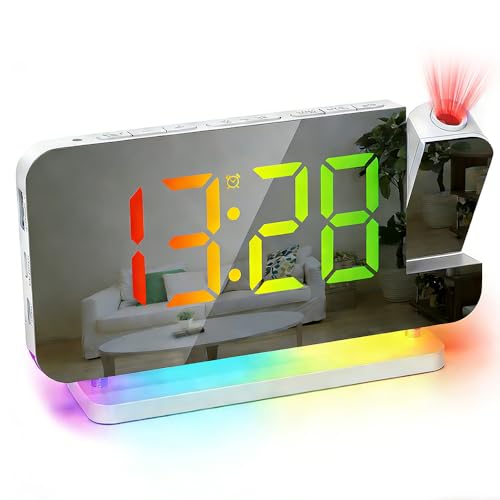 Nzkeuf Projection Clock Digital Alarm Clock with180Projector Electronic Mirror Clock with LED Display Digital Clock for Bedroom Home Office with Temperature Date 12/24H Light Sound Dst Snooze Set