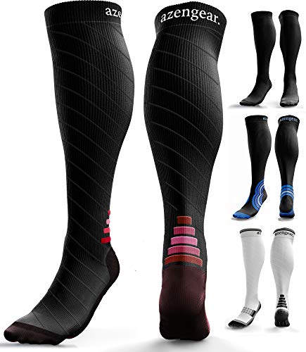 Calcetines de Compresión para Hombres y Mujeres - Medias de Compresion para Deporte - Maratones - Enfermeras - Estrés tibial Interior - Durante Embarazo (L/XL (42-47), Negro/Rojo)
