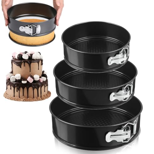 LZYDKH 3 Stück Springform, 20/22/24cm klein Kuchenform Backform mit Antihaftbeschichtung Springform Set Abnehmbarer Flachboden für Backen Verschiedener Kuchen Unt Brot (Schwarz)