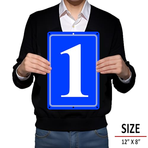 Image of Premium Aluminum Number Signs 1, Metal 12 inch X 8 inch Blue Numbered Signs Outdoor for Parking Lots, Floor, Dock, Court, Aisle, Field, High Visibility, No Fade, Weather-resistant