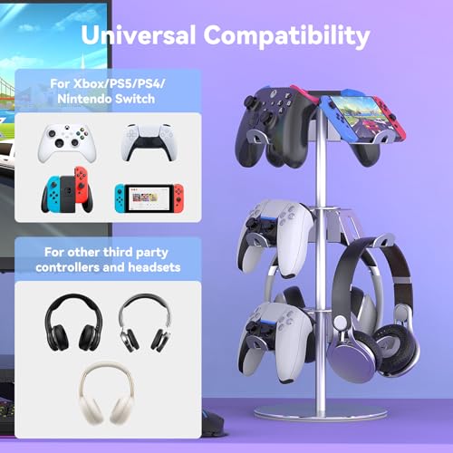 Controller Stand Compatible with Xbox PS5 PS4 Nintendo Switch Pro, 3 Tier Aluminum Gaming Headset Stand, Rotatable Headphone Controller Holder Organizer Rack, Universal & Large Capacity, Silver - Image 4